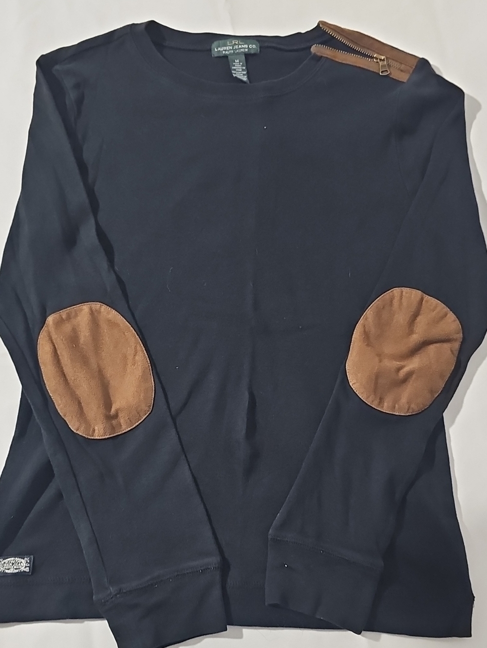 Lauren Ralph Lauren Navy Crewneck Sweater with Brown Elbow Patches